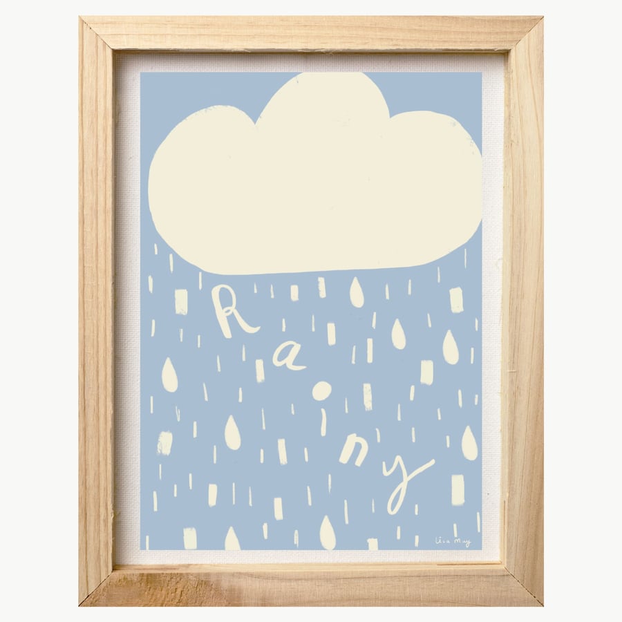 Baby blue and cream A4 digital nursery art print - Rainy Cloud Illustration