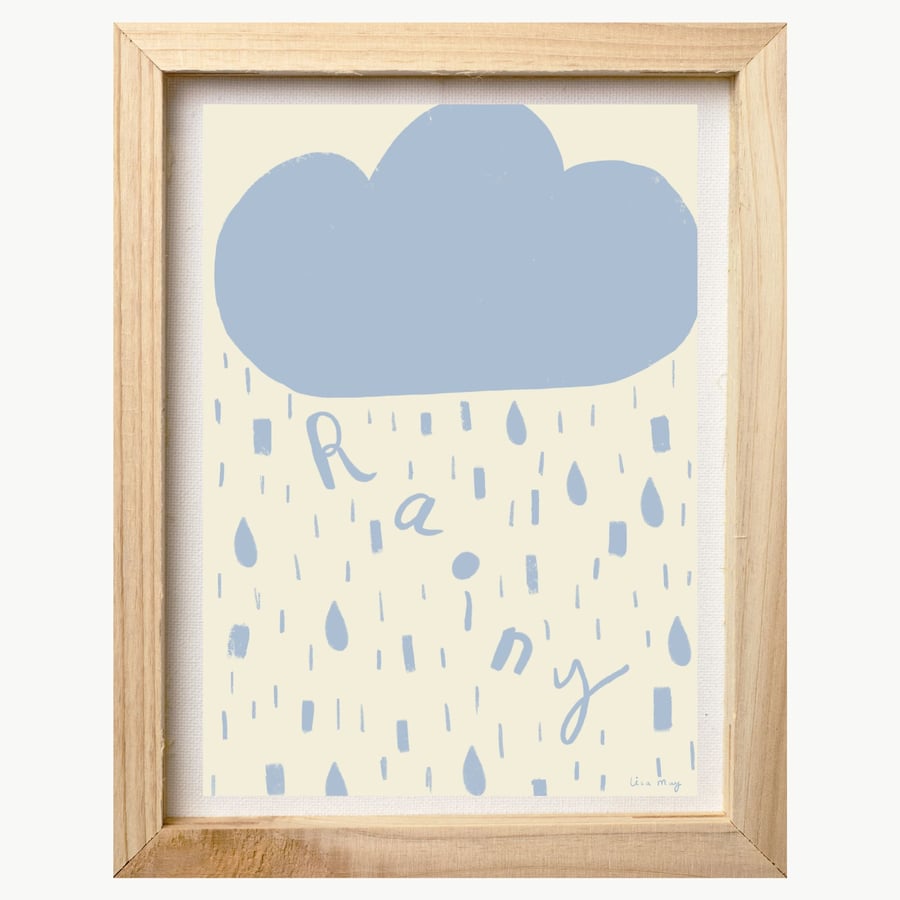 Baby blue and cream A4 digital nursery art print - Rainy Cloud Illustration