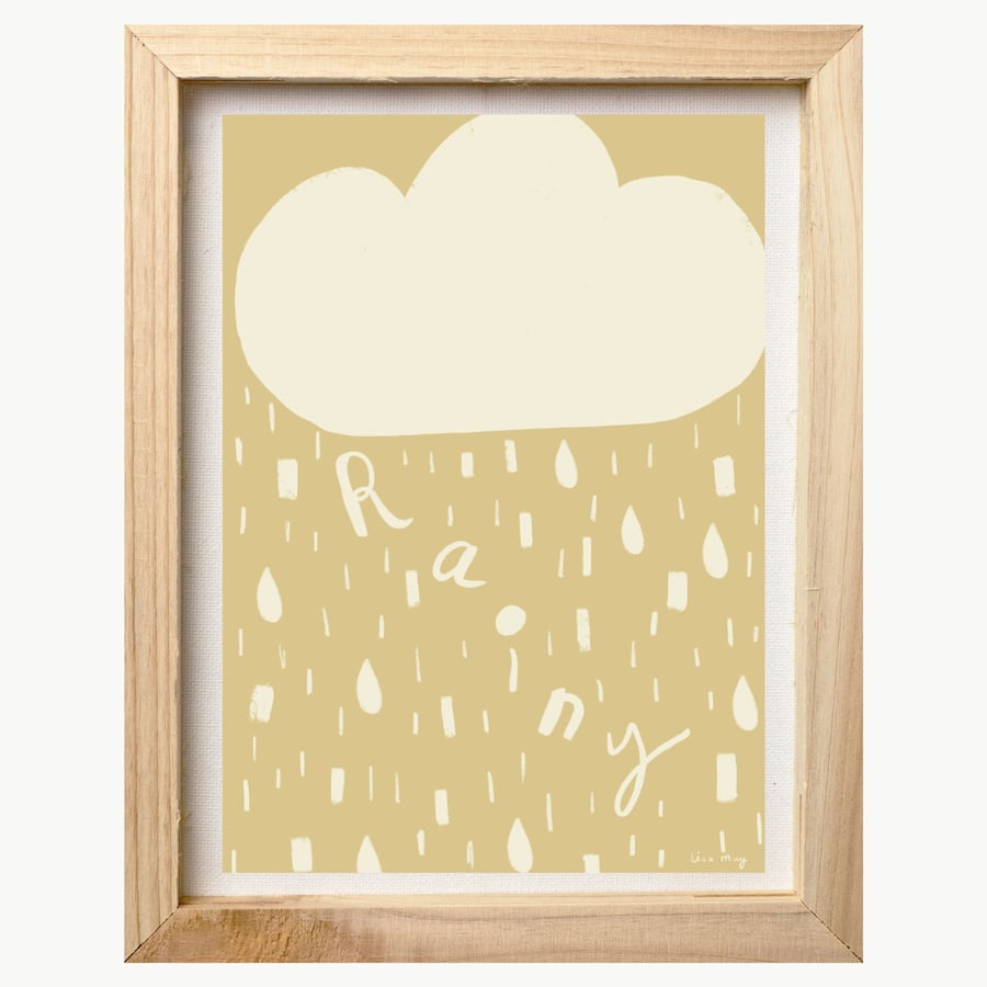 Pastel yellow and cream A4 digital nursery art print - Rainy Cloud Illustration