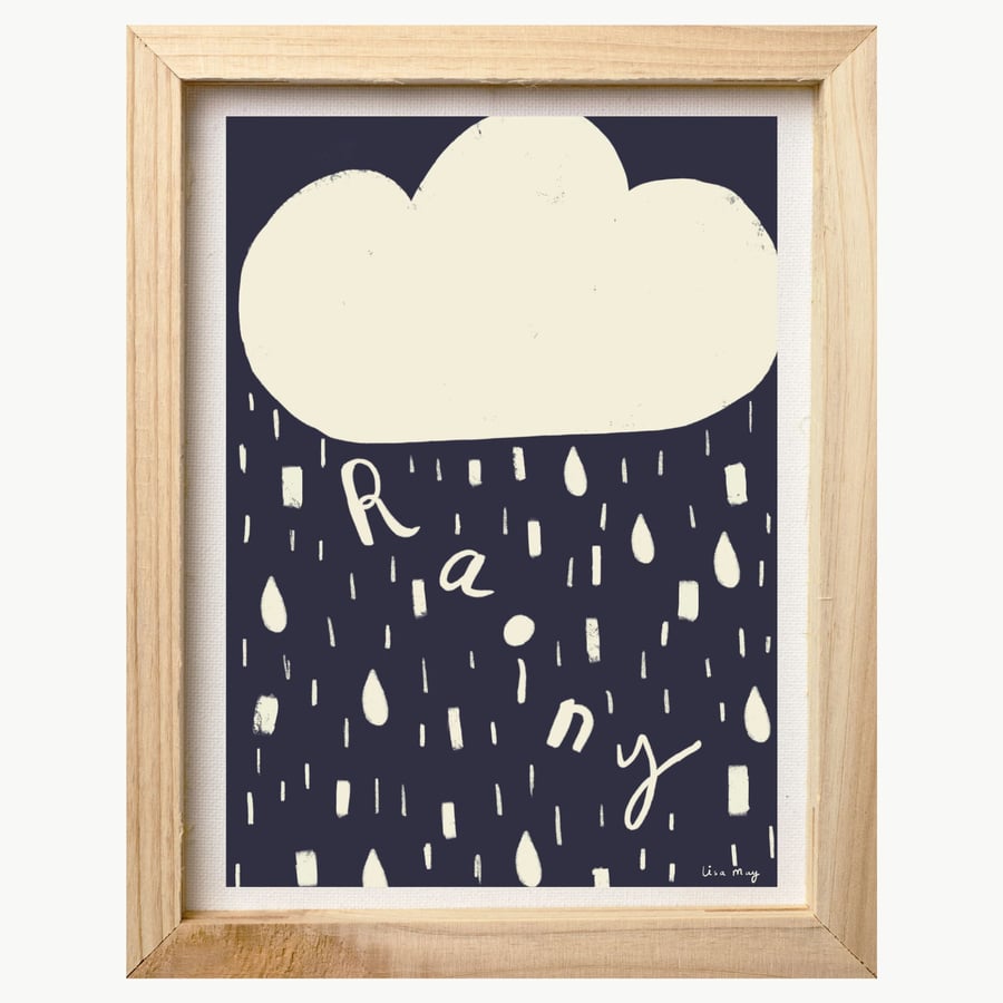 Dark purple and cream A4 digital nursery art print - Rainy Cloud Illustration