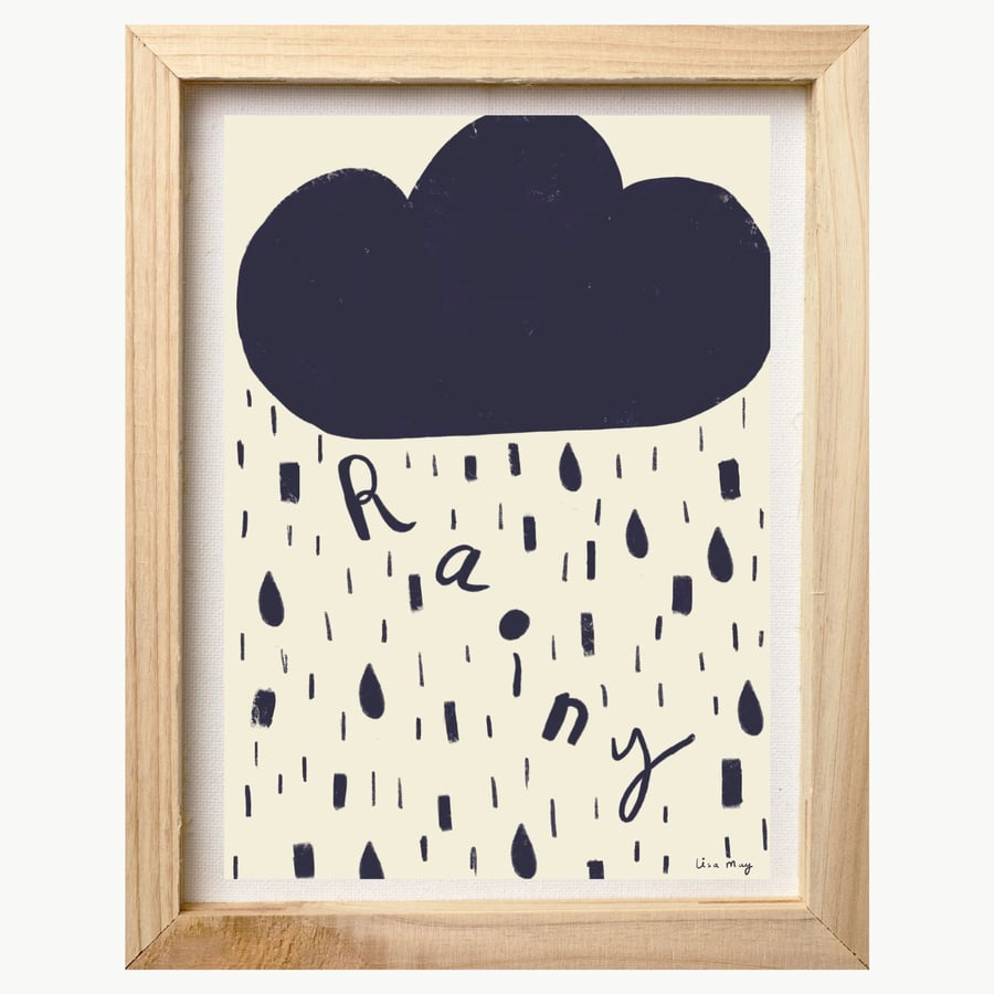 Dark purple and cream A4 digital nursery art print - Rainy Cloud Illustration