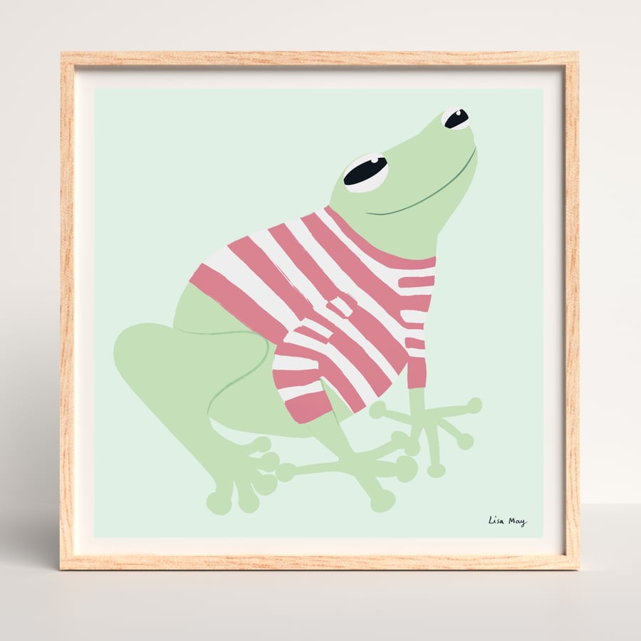 16" x 16" Poster - Cute frog wearing stripy jumper illustration