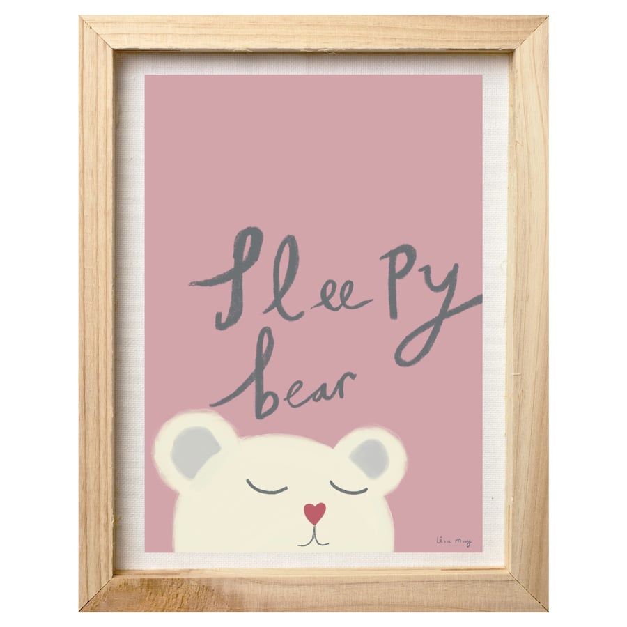 Pastel pink A4 digital nursery art print - Sleepy Bear Illustration