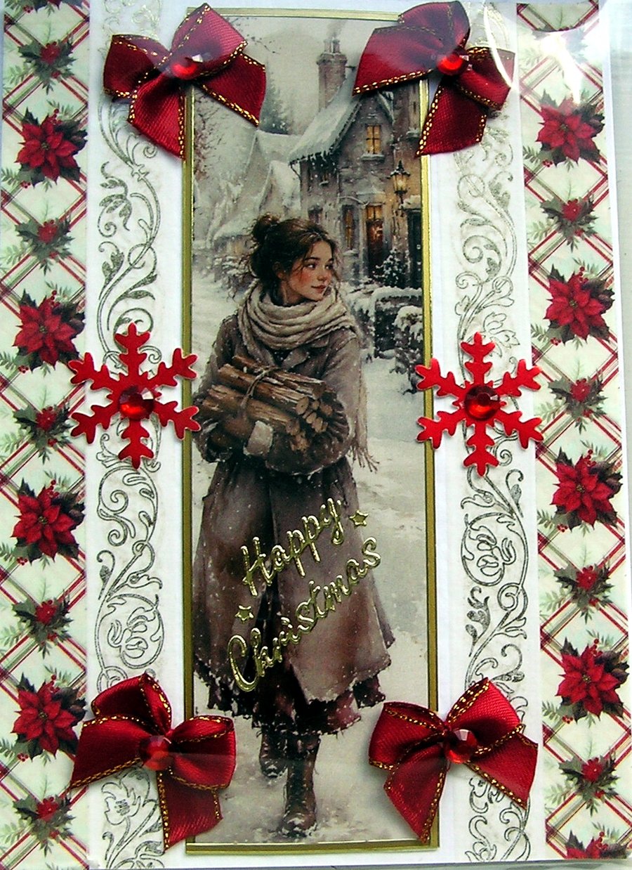 Hand Crafted Decoupage Chistmas Card Happy Christmas (3372) Collecting Firewood