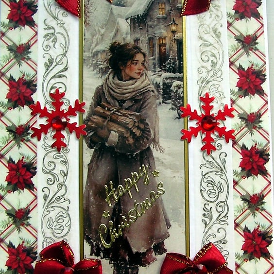 Hand Crafted Decoupage Christmas Card Happy Christmas (3372) Collecting Firewood
