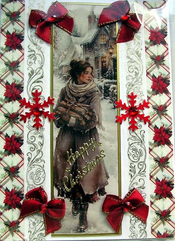 Hand Crafted Decoupage Chistmas Card Happy Christmas (3372) Collecting Firewood