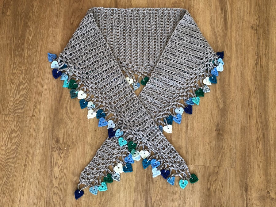 Crochet Silver Grey Silky Wrap Shawl With Shades Of Blue Crochet Hearts (R854)