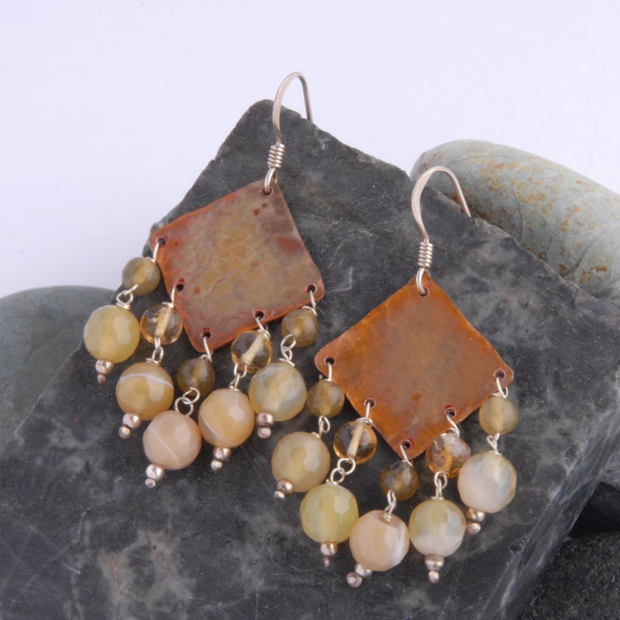 SALE - jasper and citrine fringed textured copper and sterling silver earrings