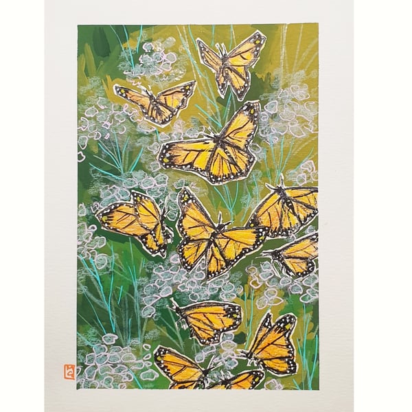 Monarch Butterflies in flight, original drawing, insect artwork, small wall art