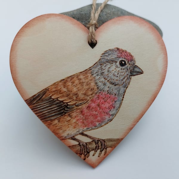Linnet pyrography hanging heart ornament 