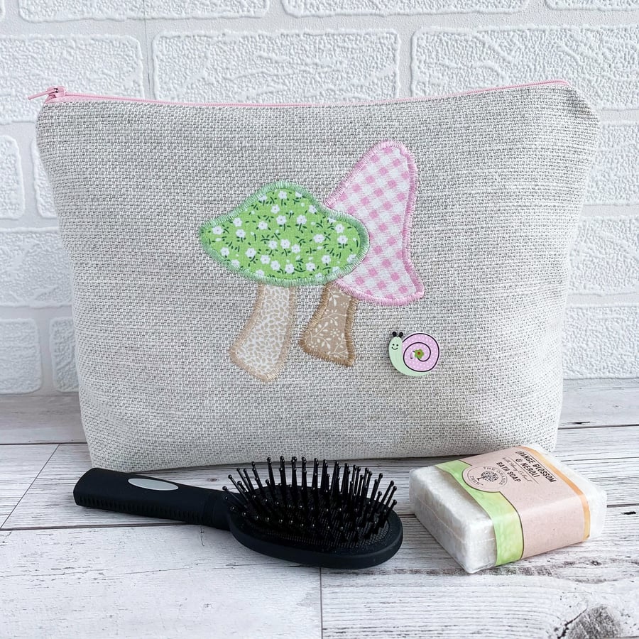 Pastel Green and Pink Mushrooms and Snail Toiletry Bag 