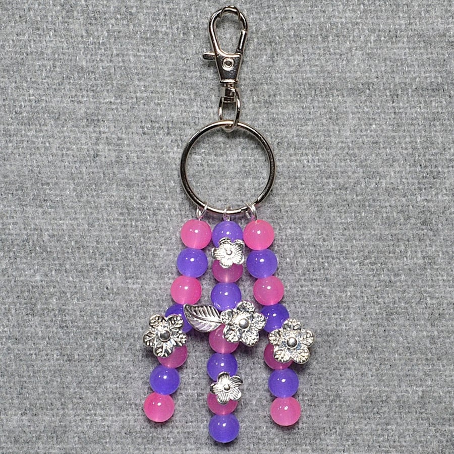 Bag Charm – Pink and Purple Glass Beads and Silver Flower Triple Dangle