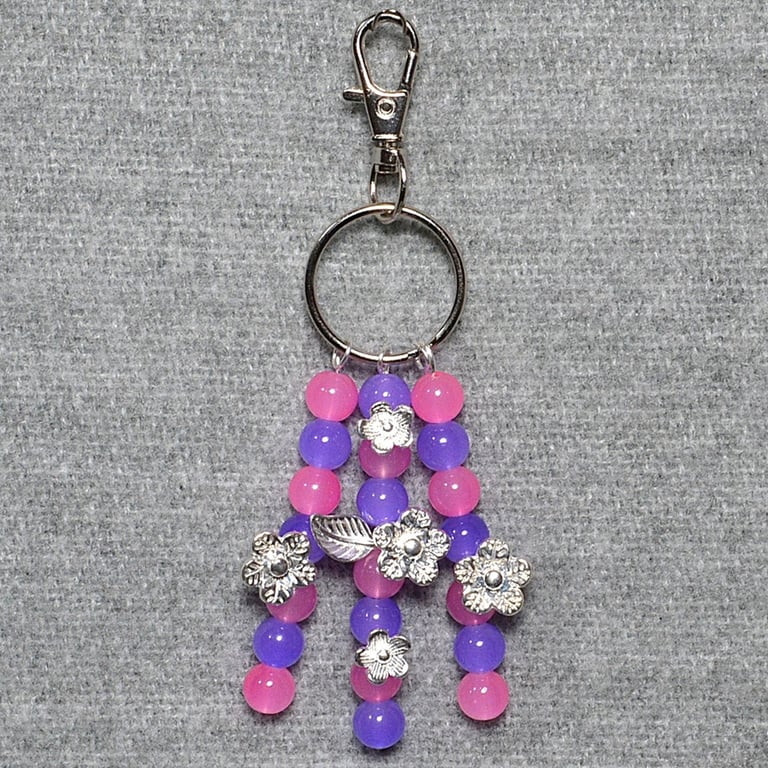 Bag Charm – Pink and Purple Glass Beads and Silver Flower Triple Dangle
