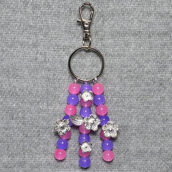 Bag Charm – Pink and Purple Glass Beads and Silver Flower Triple Dangle