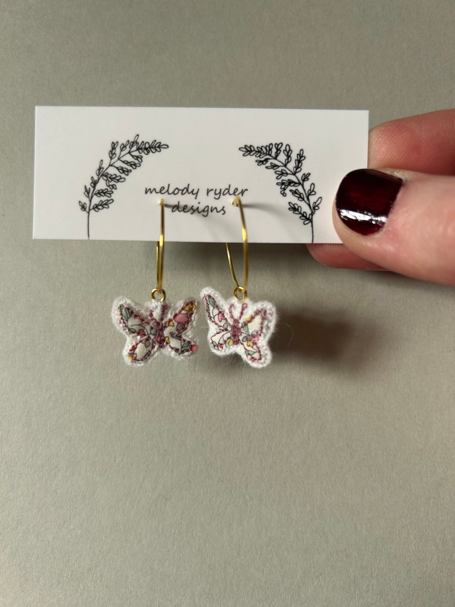 Butterfly embroidered Liberty print hoop earrings 
