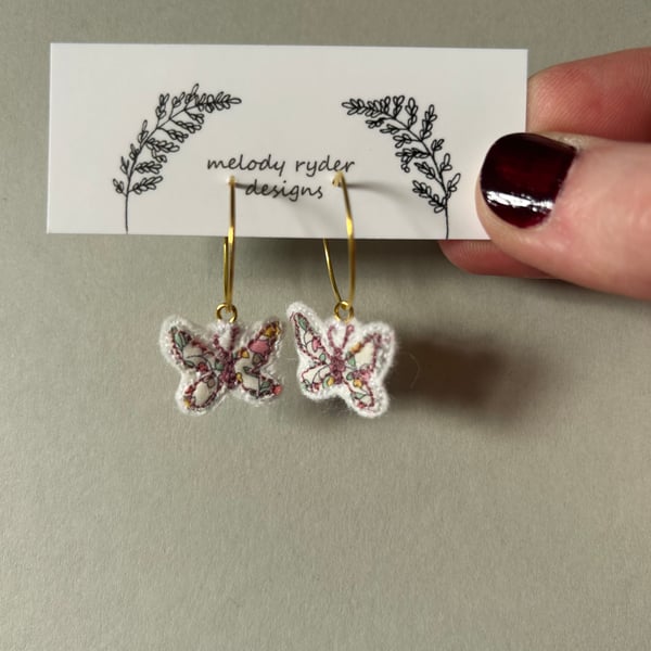 Butterfly embroidered Liberty print hoop earrings 