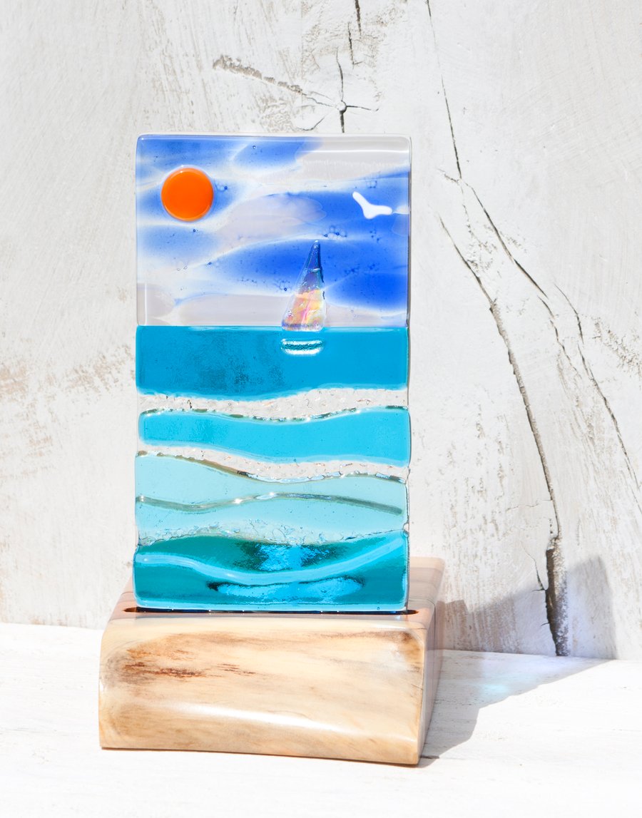 Fused Glass Sea Scene with Sailing Boat set in an Yew Tealight Holder