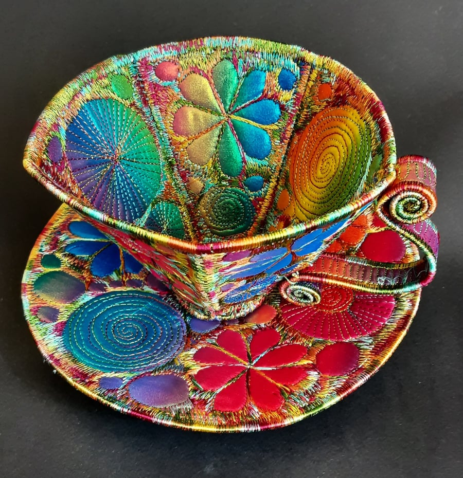 Teacup and Saucer Textile Art Sculpture Free Machine Embroidery 