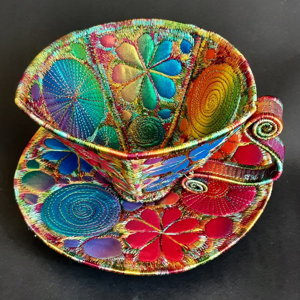 Teacup and Saucer Textile Art Sculpture Free Machine Embroidery 