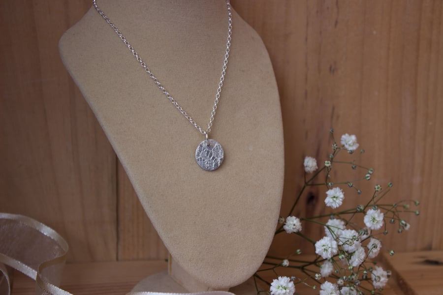 Eco Silver (fine recycled silver) Circle Pendant With Vintage Lace Pattern