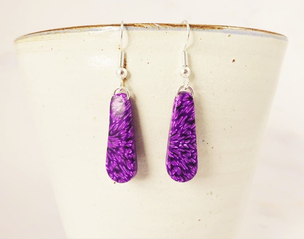 Long Drop Purple Earrings, Dark Purple Patterned Earrings