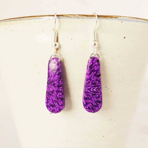 Long Drop Purple Earrings, Dark Purple Patterned Earrings