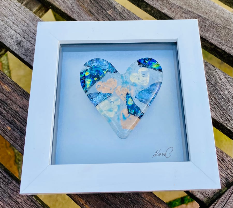 Fused glass cast heart in a box frame, wall hanging