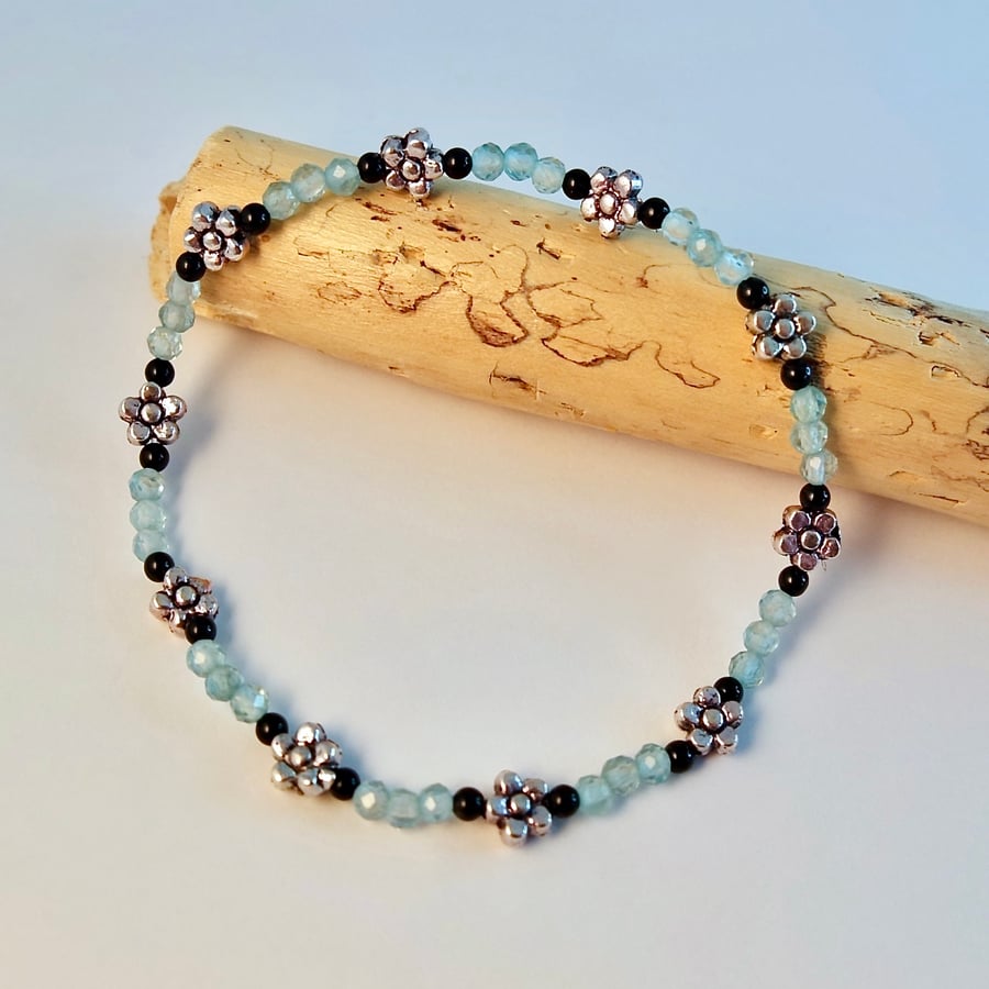 Faceted Apatite, Onyx and Flower Bracelet - Birthday, Anniversary, Gift For Her