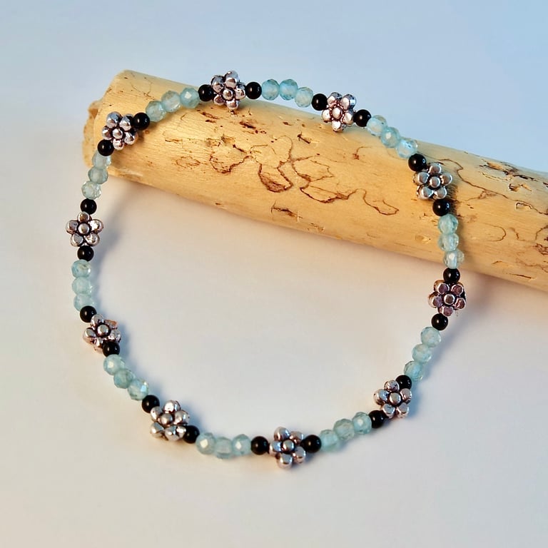 Faceted Apatite, Onyx and Flower Bracelet - Birthday, Anniversary, Gift For Her