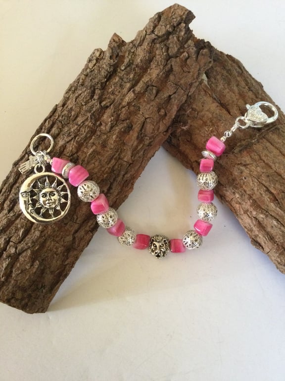 Barbie pink mother of pearl and Tibetan silver beaded bracelet 