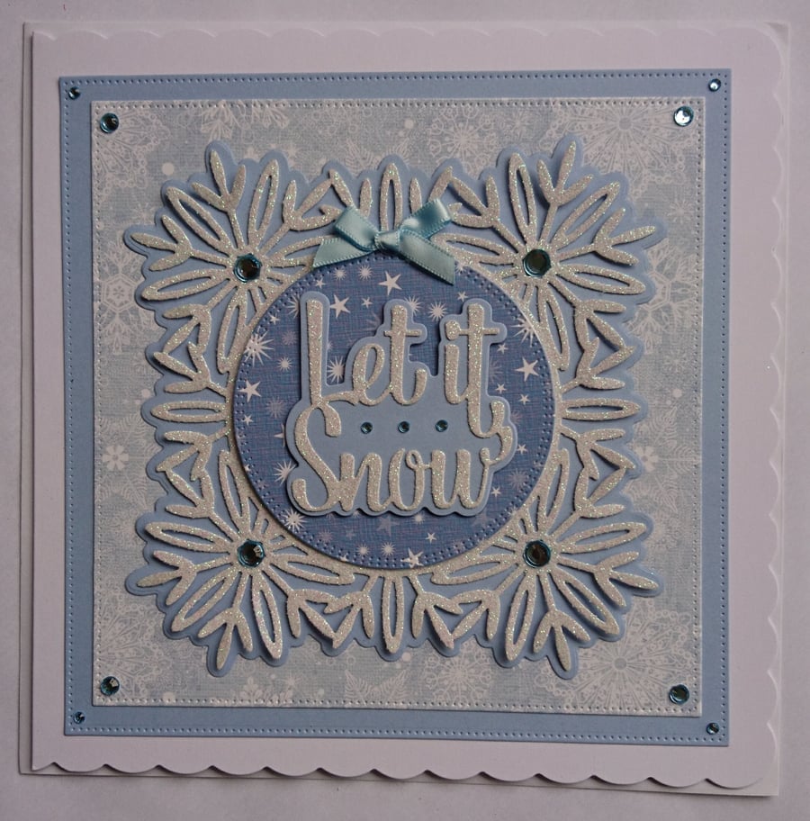Christmas Card Let It Snow Glitter Snowflakes White Blue 3D Luxury Handmade Card