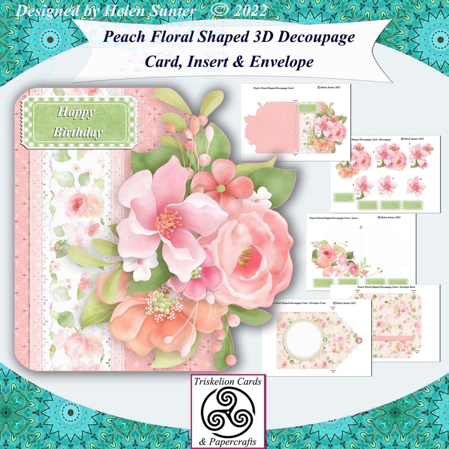 Printable Peach Floral 3D Decoupage Shaped Card Making Kit 