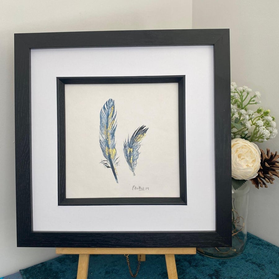 Feathers with gold detail, mono print, Father's Day gift, framed, ready to post,