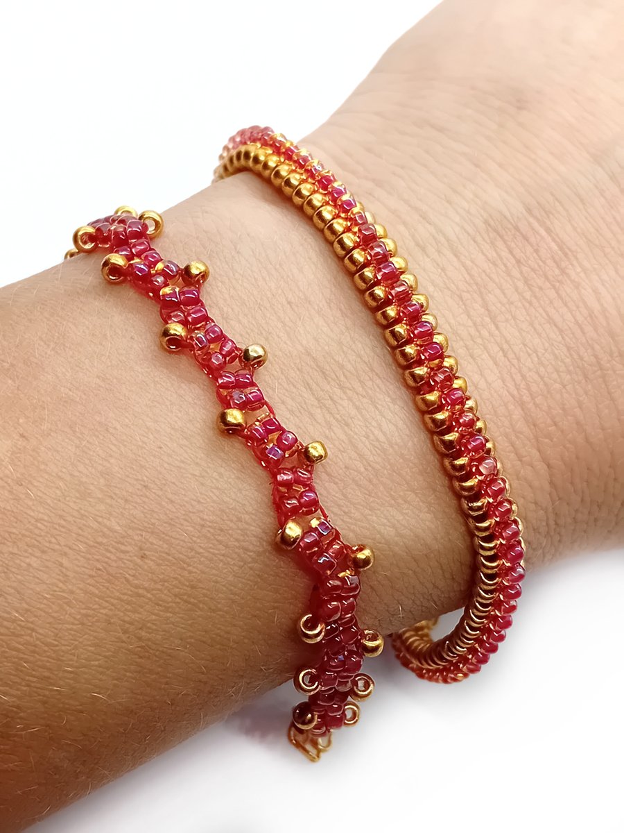 Gold and pink beaded tennis bracelet set