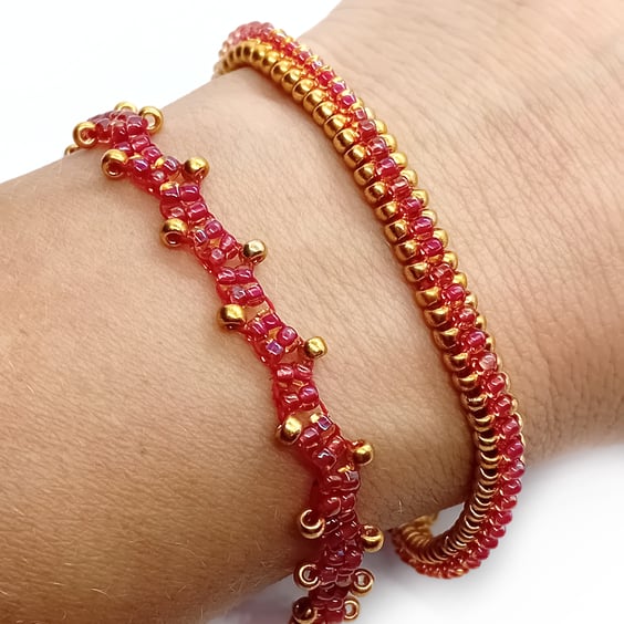 Gold and pink beaded tennis bracelet set