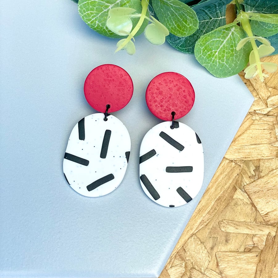 Red & Monochrome Sprinkles Polymer Clay Dangle Earrings 