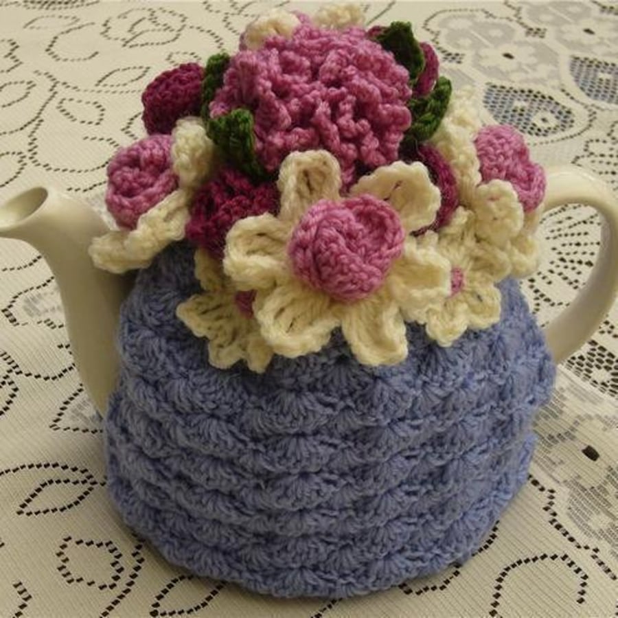 4-6 Cup Crochet Tea Cosy Cosie Cozy Lilac with Flower Garden Top (Made to order)
