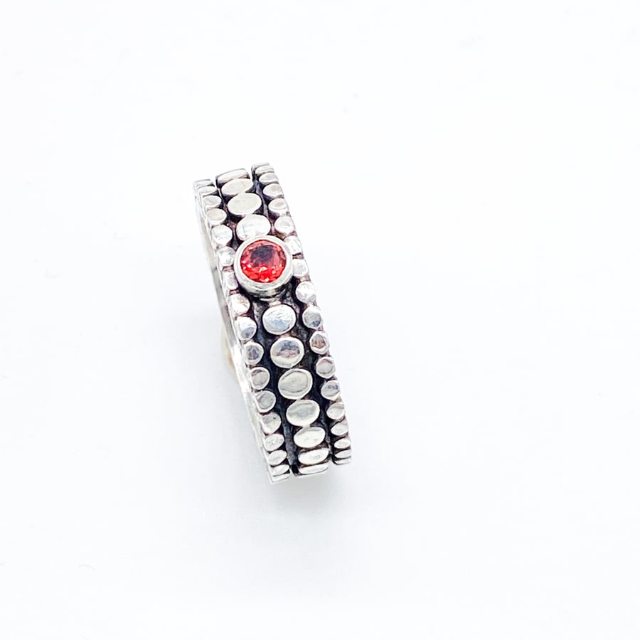 Handmade Garnet Chunky Silver Ring With Artisan Patina 