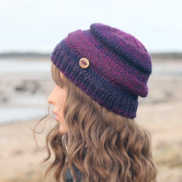 HAT knitted deep purple fuchsia, women's beanie cap, gift, UK