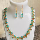 Blue  glass  Rondelle and seed Bead earrings and Necklace set 16"