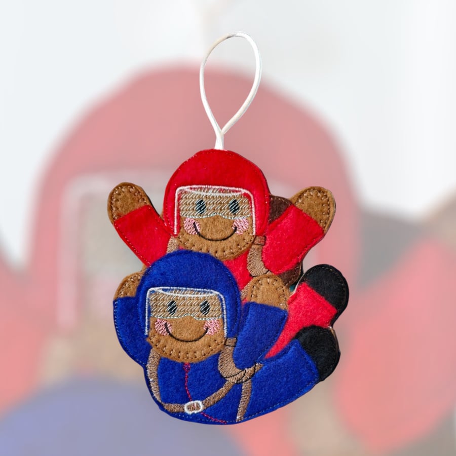 Gingerbread man lady doing tandem skydive Embroidered Hanging Keepsake 