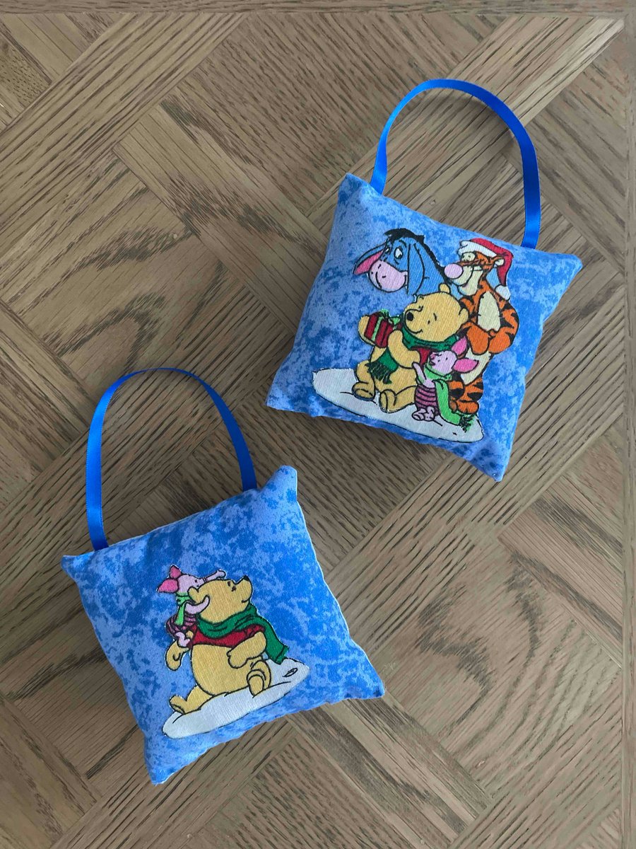 Two Handmade Padded Fabric Christmas Tree Hangers featuring Pooh & Friends