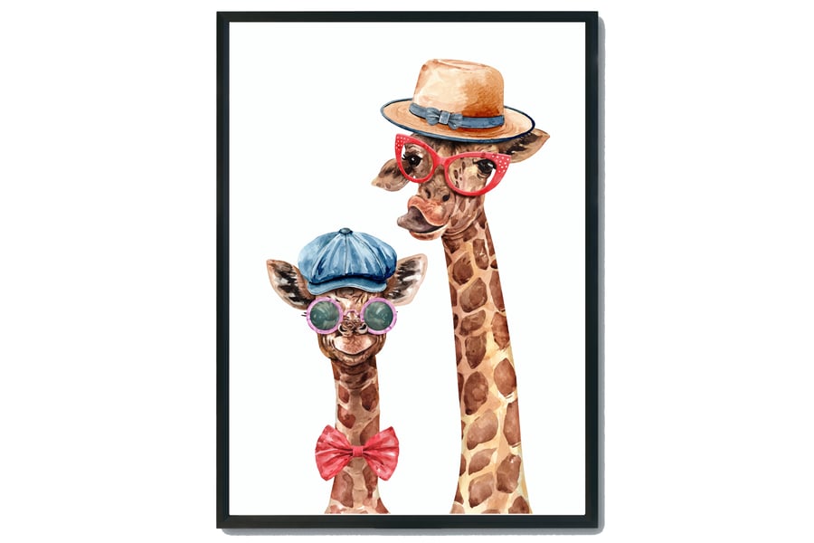 Funny Giraffes wall print, giraffes in a hat wall decor, giraffe art print