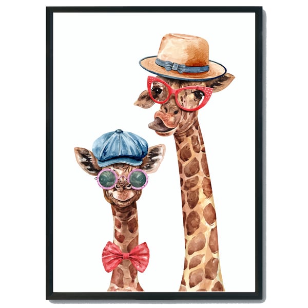 Funny Giraffes wall print, giraffes in a hat wall decor, giraffe art print