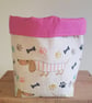 Fabric storage container: stripey daschunds; lined with pink - Image 1