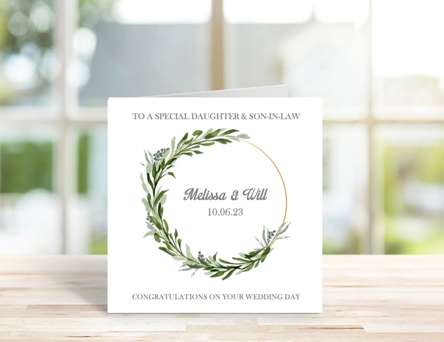 Personalised Daughter & Son In Law Wedding Card, Eucalyptus Wreath Wedding Card