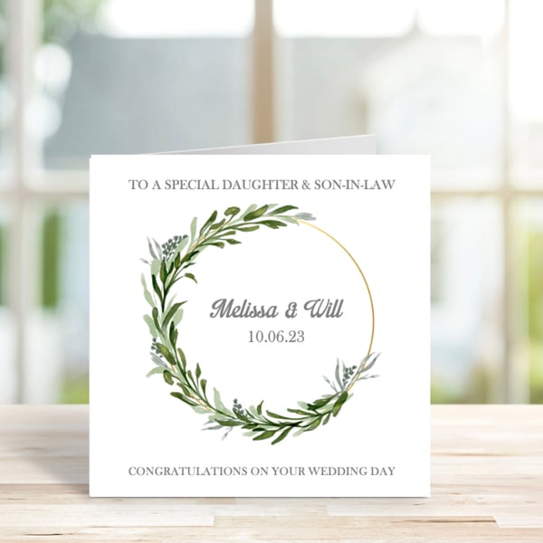 Personalised Daughter & Son In Law Wedding Card, Eucalyptus Wreath Wedding Card