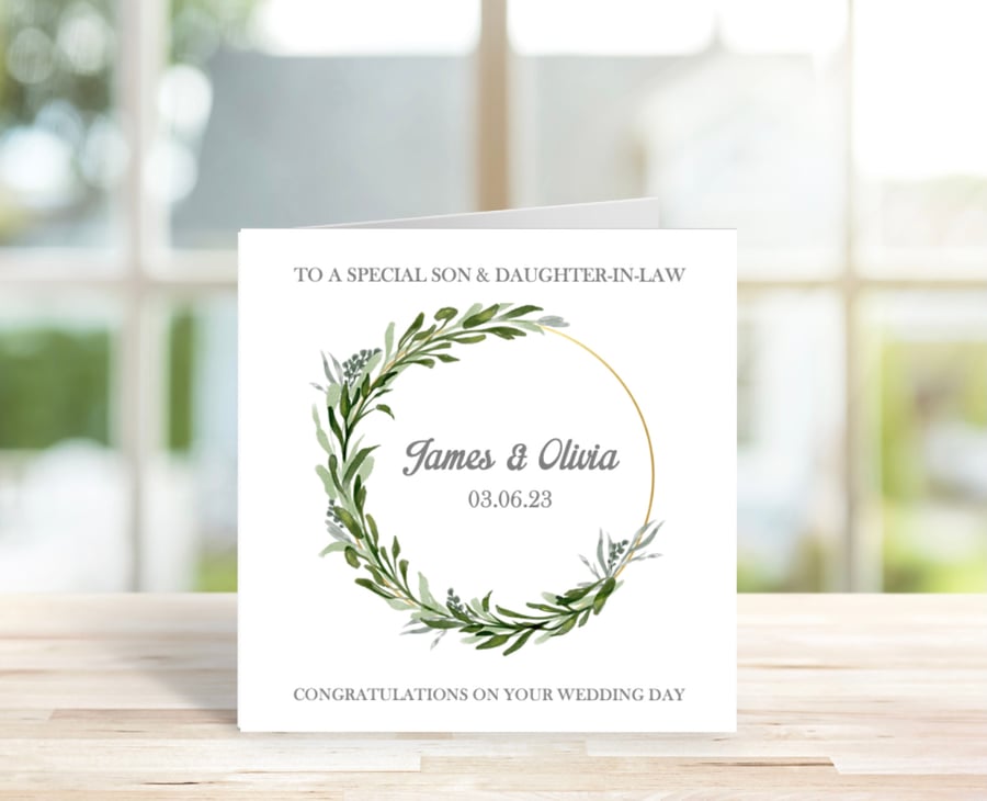Personalised Son & Daughter In Law Wedding Card, Eucalyptus Wreath Wedding Card