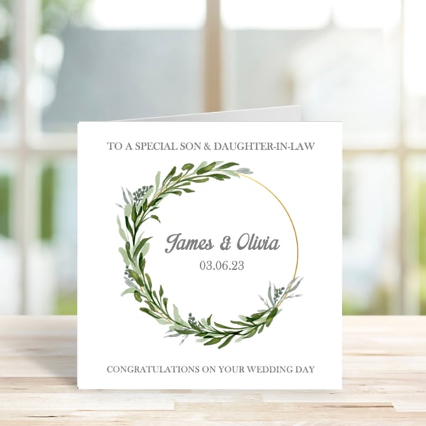 Personalised Son & Daughter In Law Wedding Card, Eucalyptus Wreath Wedding Card