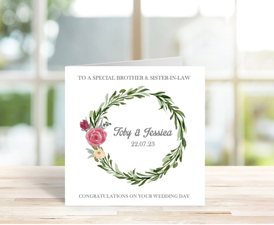 Personalised Brother & Sister In Law Wedding Card, Eucalyptus Wreath Card